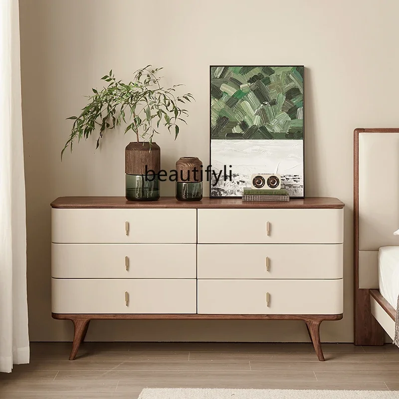 Black walnut chest Italian light luxury solid wood living room, against the wall, bedroom storage cabinet