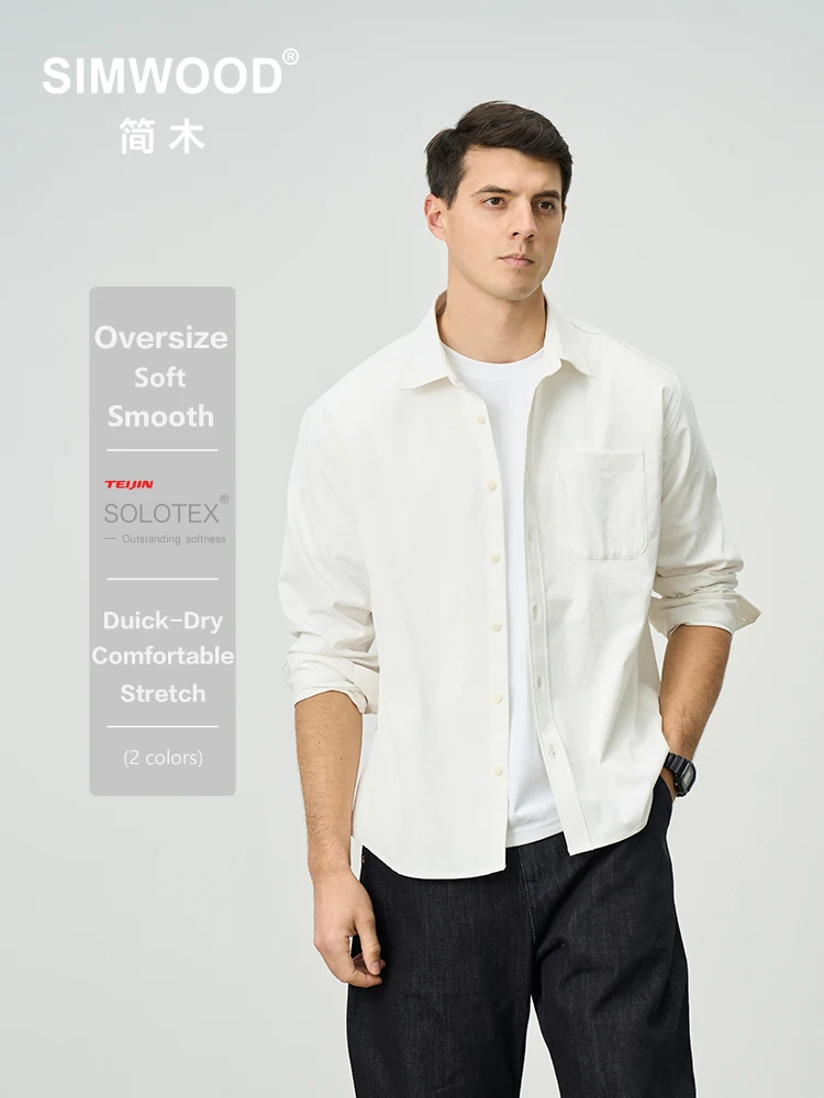 SIMWOOD 2025 Spring New Oversize 180gsm Solotex Soft Fabric Shirts Men Quick-Dry Wrinkle Free Plus Size Shirts