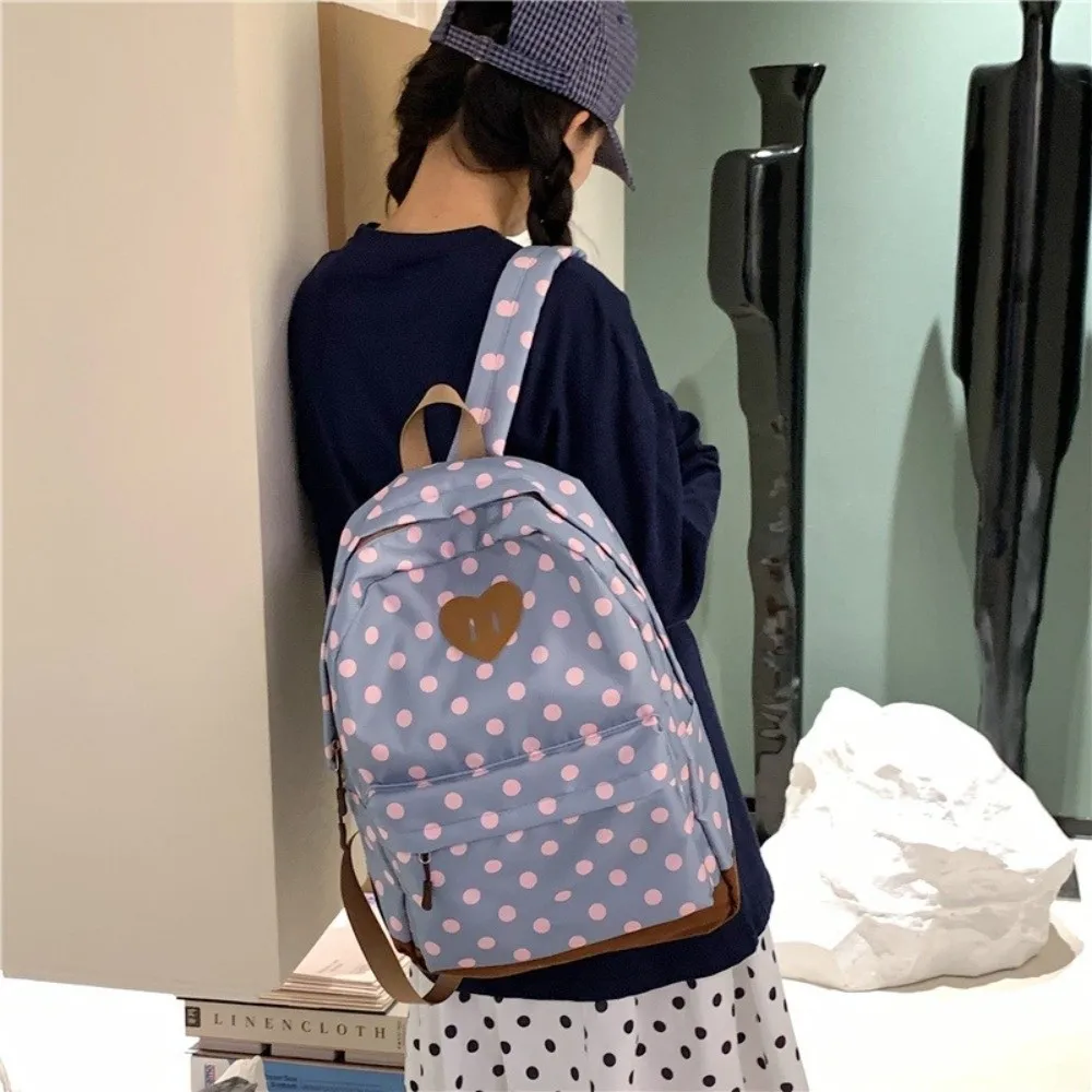 Lightweight Design Polka Dot Backpack Heart Shape Print Polka Dot Pattern Travel Daypack Casual Style Ins Aesthetic