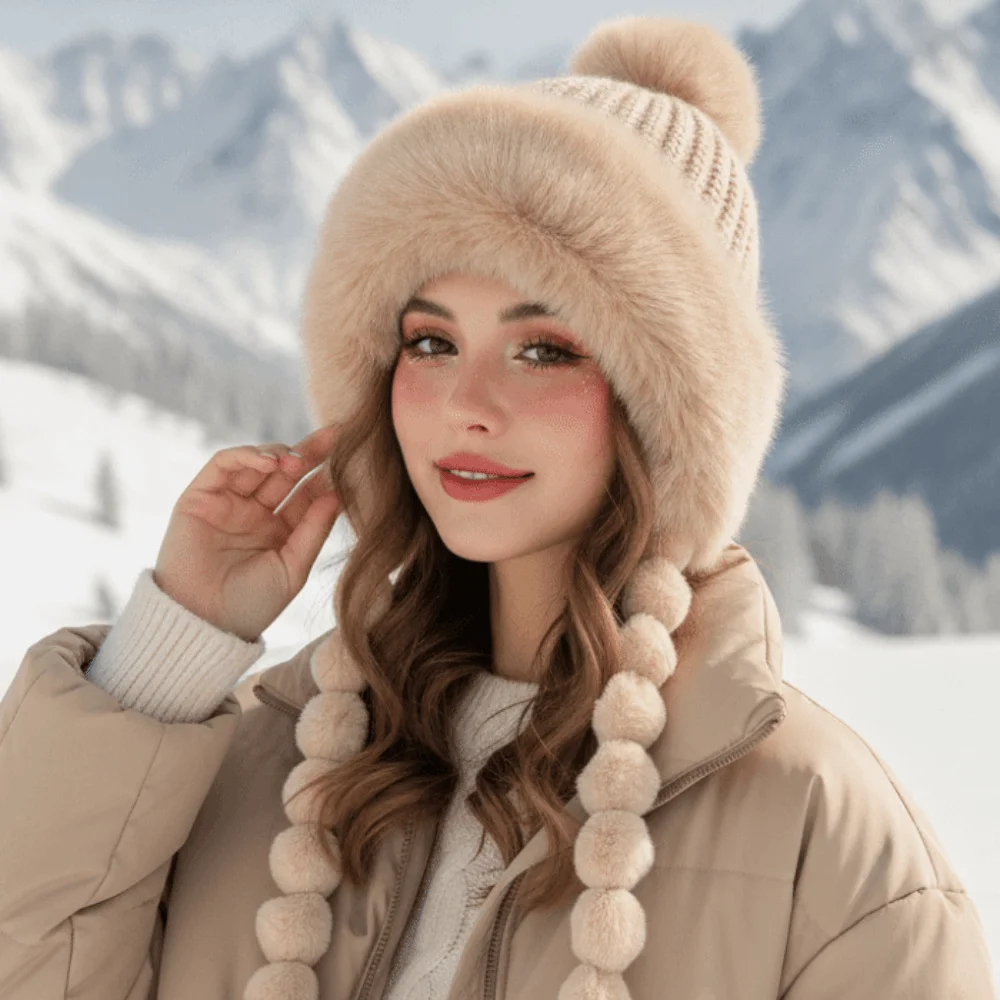 Fleece Lined Pompom Braids Hat Striped Knit Fur Brim Fleece Knit Beanie Thermal Windproof Fur Trim Trapper Students