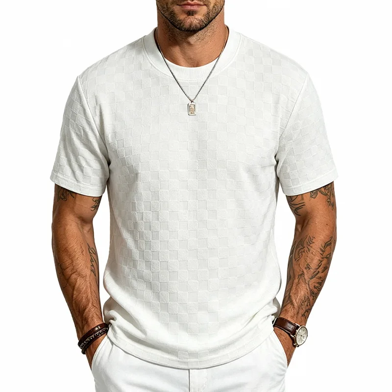 Men Solid Square Check Jacquard Texture Crew Neck Short Sleeve Casual Summer Tee