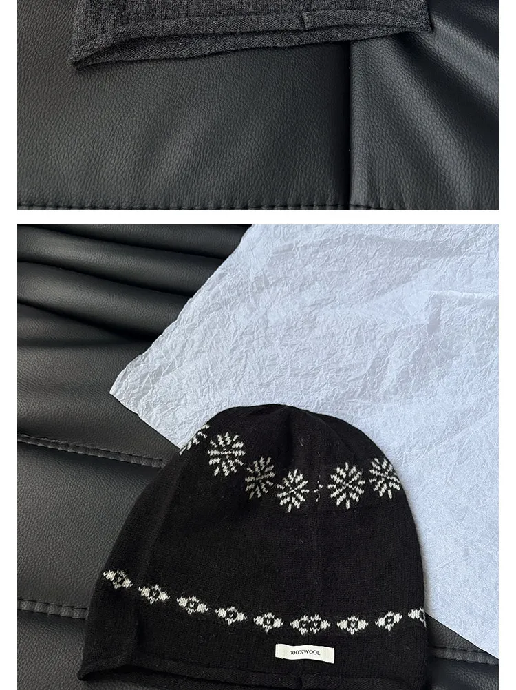 100% Wolle Fair-Isle Jacquard Strickmützen für Damen, Herbst-Winter Ohrenklappen-Mützen, Warme Vielseitige Slouchy Pullover-Mützen für Herren – Detail 12