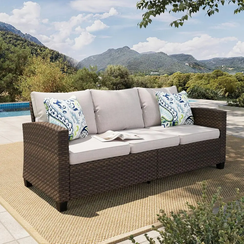 

Outdoor Patio Sofa, 3-Seat Wicker Couch with Waterproof Thick Cushions, Deep Seating Furniture for Garden Porch Backyard, Beige