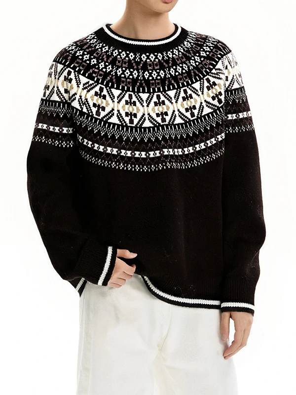 

Ретро-свитер в стиле Fair Isle, вязаный, свободный крой, повседневный, с круглым вырезом, из мягкого полиэстера, для мужчин и женщин, осенне-зимний, комфортный свитер