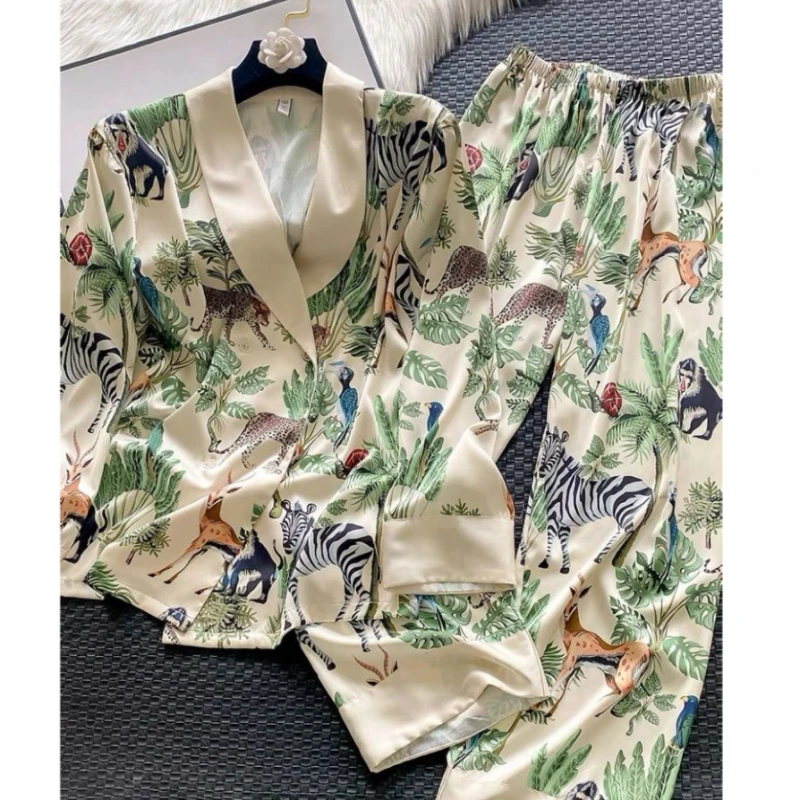 

Spring Autumn Pajama Girl Women 2026 New Fashion Loose Casual Large Size Long Sleeve Trousers Suit Printing Sleepwear Female