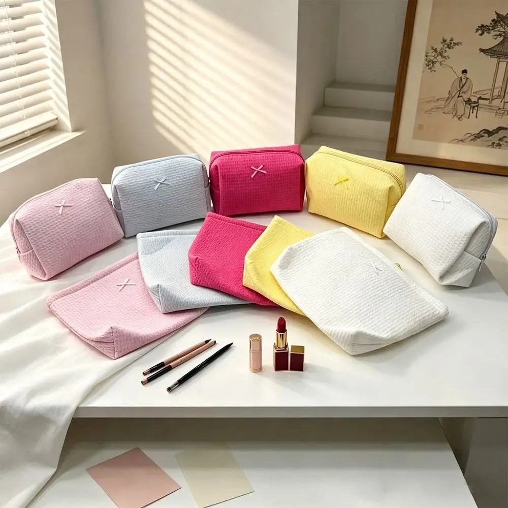 1pc Cute Waffle Knit Makeup Bag Bow Large Capacity Toiletry Bag Makeup Pouch Home Travel