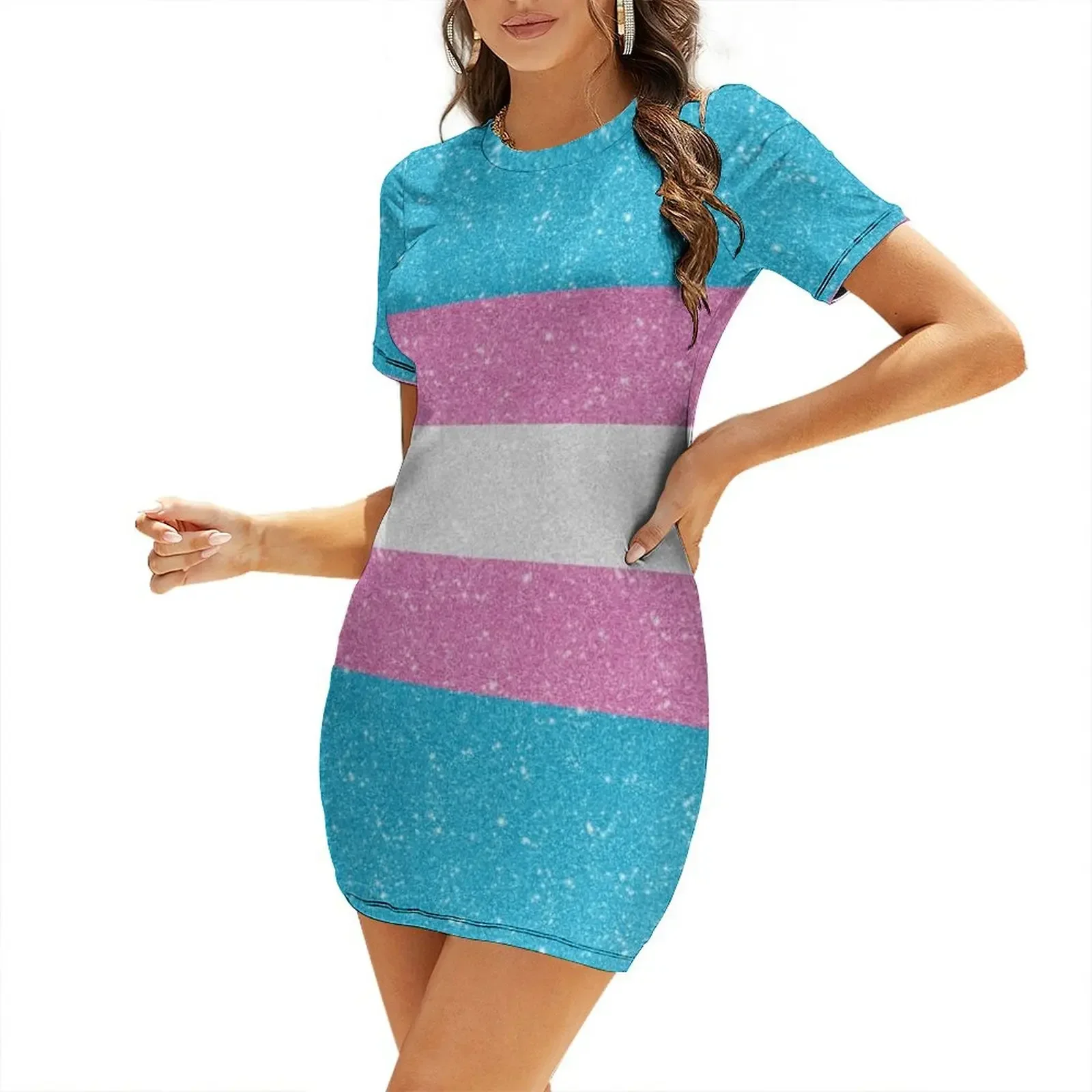 

Faux Glitter Transgender Pride Flag Background Short-Sleeved Dress dresses for women 2026 summer dresses for women 2026
