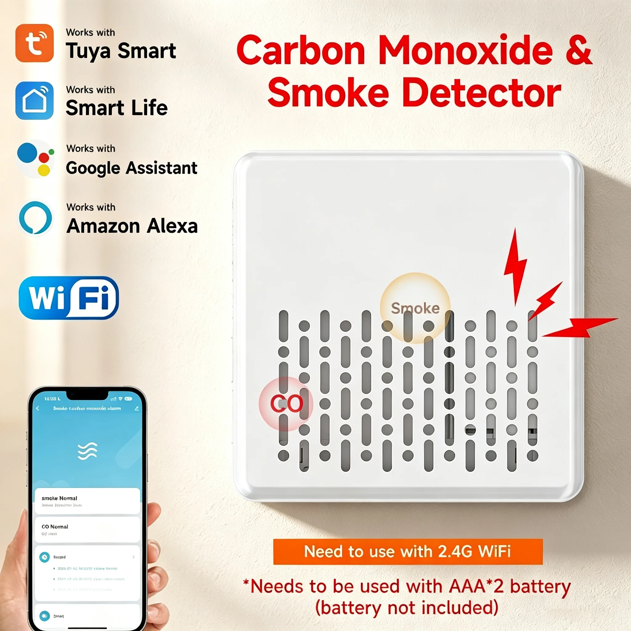Tuya 2.4G WiFi Smoke Carbon Monoxide Detector 2in1 Fire CO Alarm Sensor Smart Life Alexa Google Mobile Push Alarm Detector