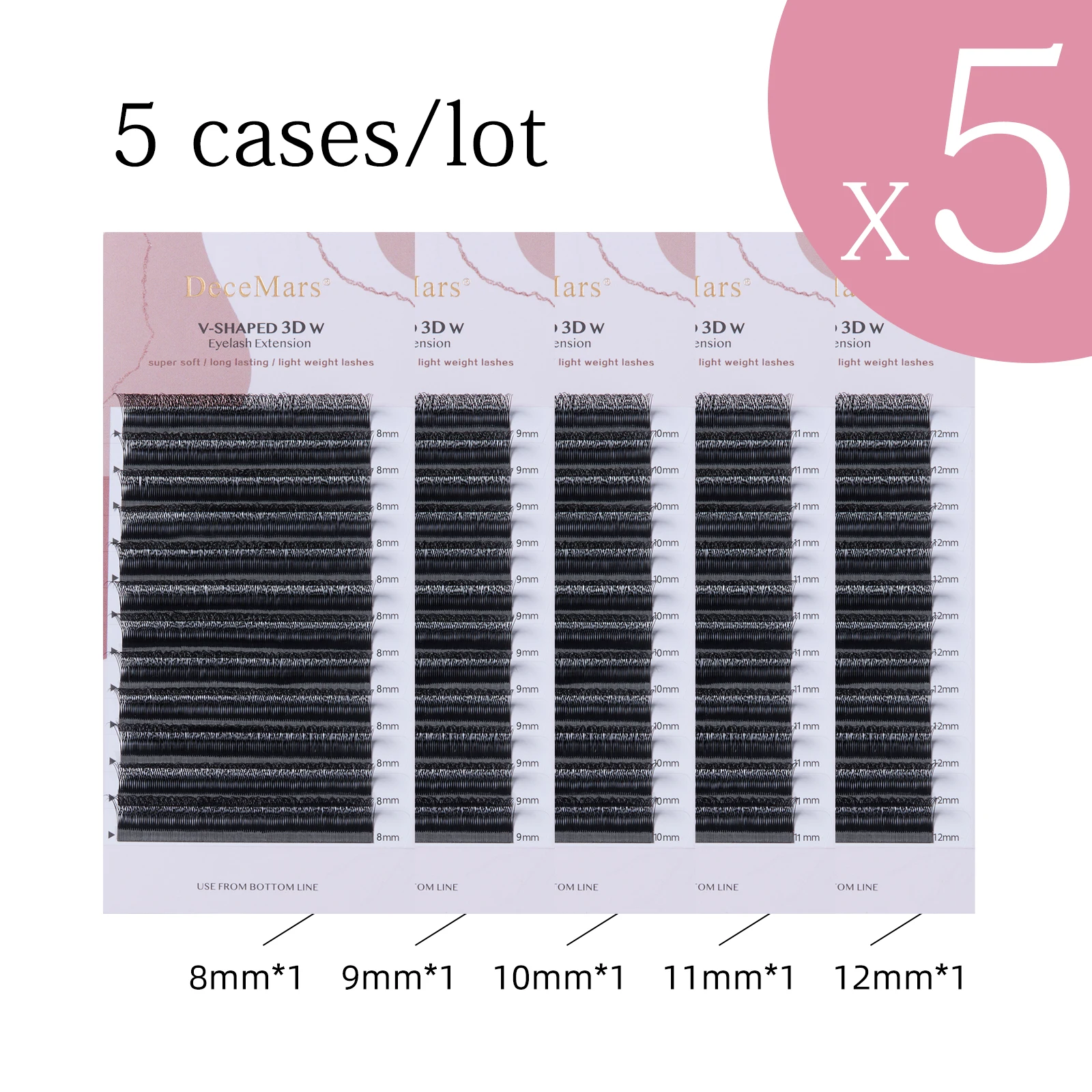 DeceMars 5ps/set V-shaped 3D Eyelash Extensions 12 Rows/Tray (8mm/9mm/10mm/11mm/12mm)