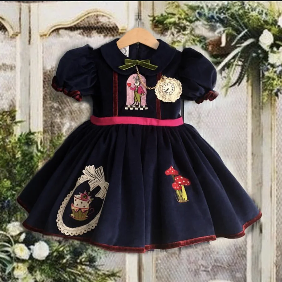 Baby Girl Spring Summer Navy Blue Rabbit Mushroom Embroidery Turkish Vintage Princess Gown Dress for Birthday Holiday Party Eid