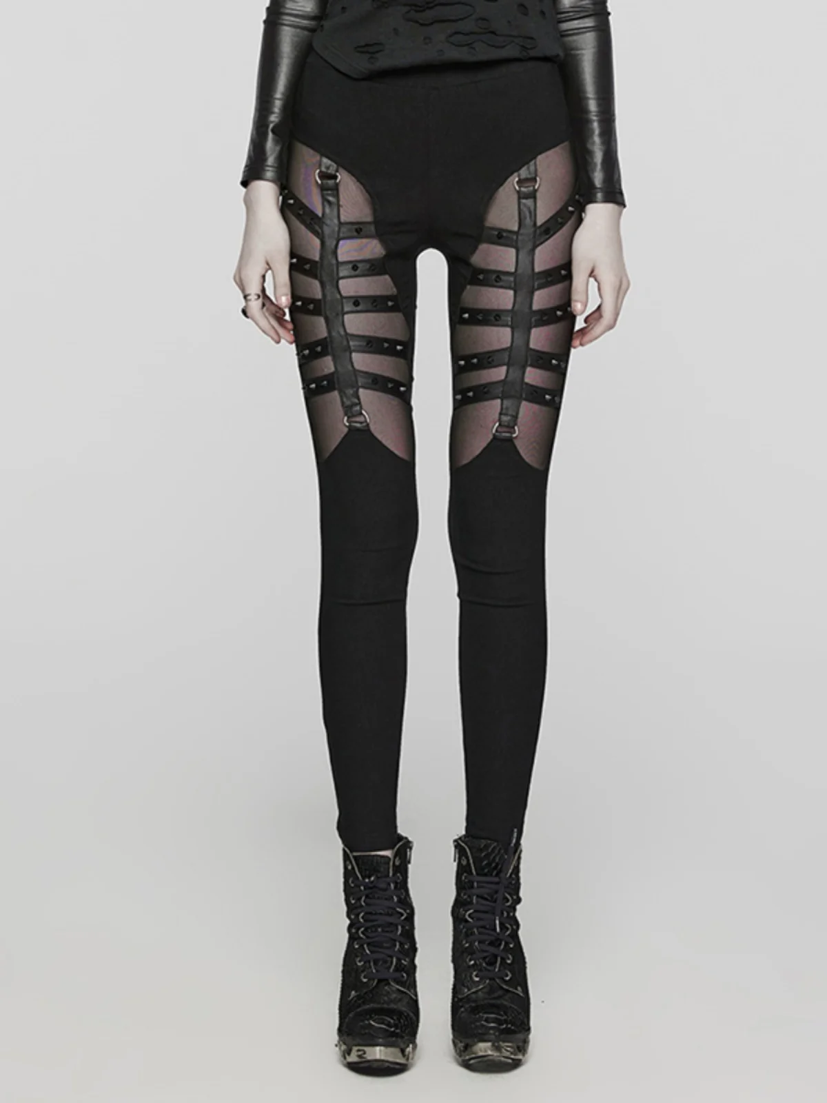 Punk Rave Women's Hollow out Mesh Tight Pants Elastic Slim Fit Long Trousers Functional Style Base Layer Outerwear