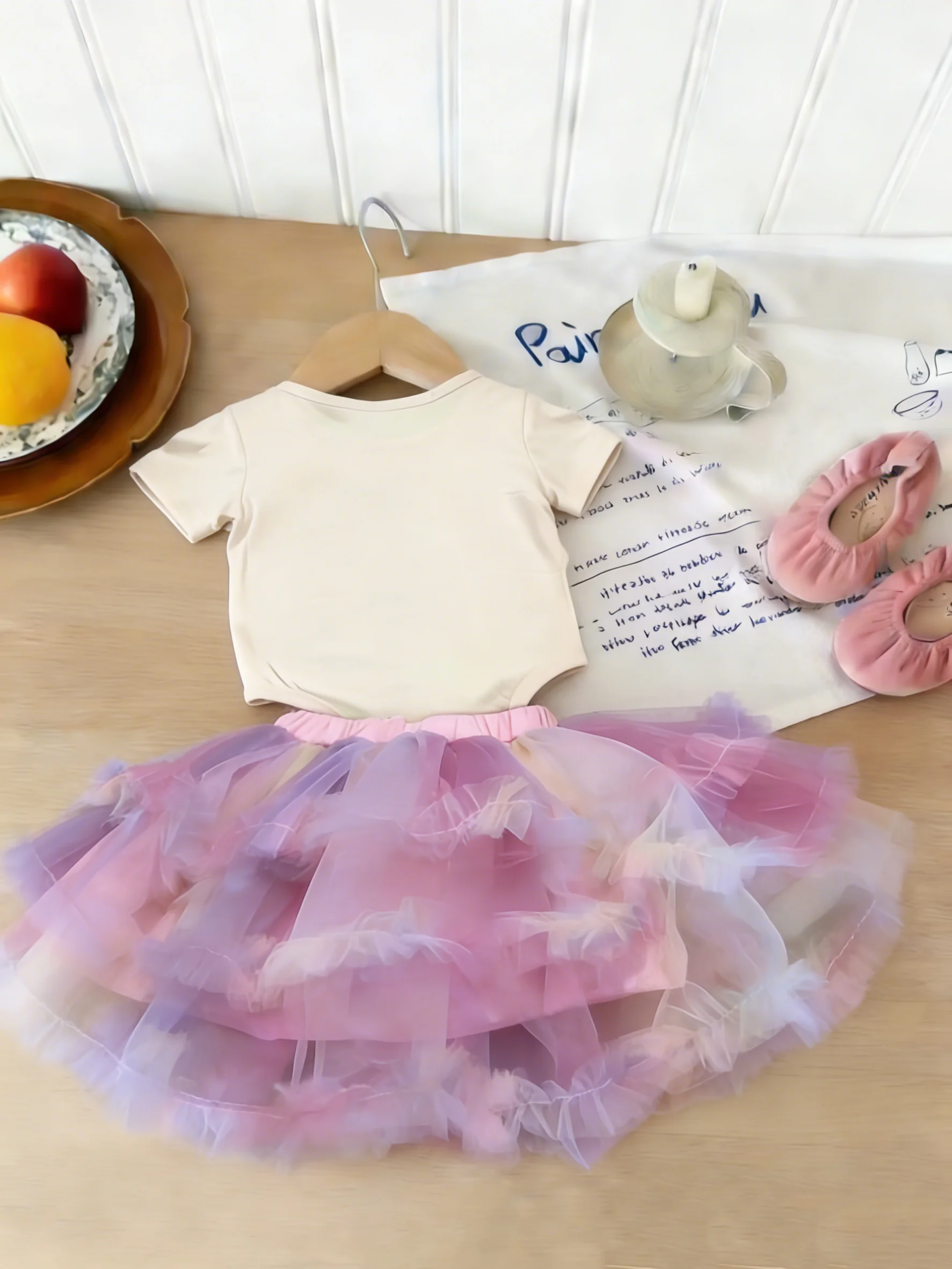 Pink-Purple Gradient Tulle Skirt Set: Cream Birthday Number T-shirt, Girl’s Vibrant Birthday Sweet Outfi