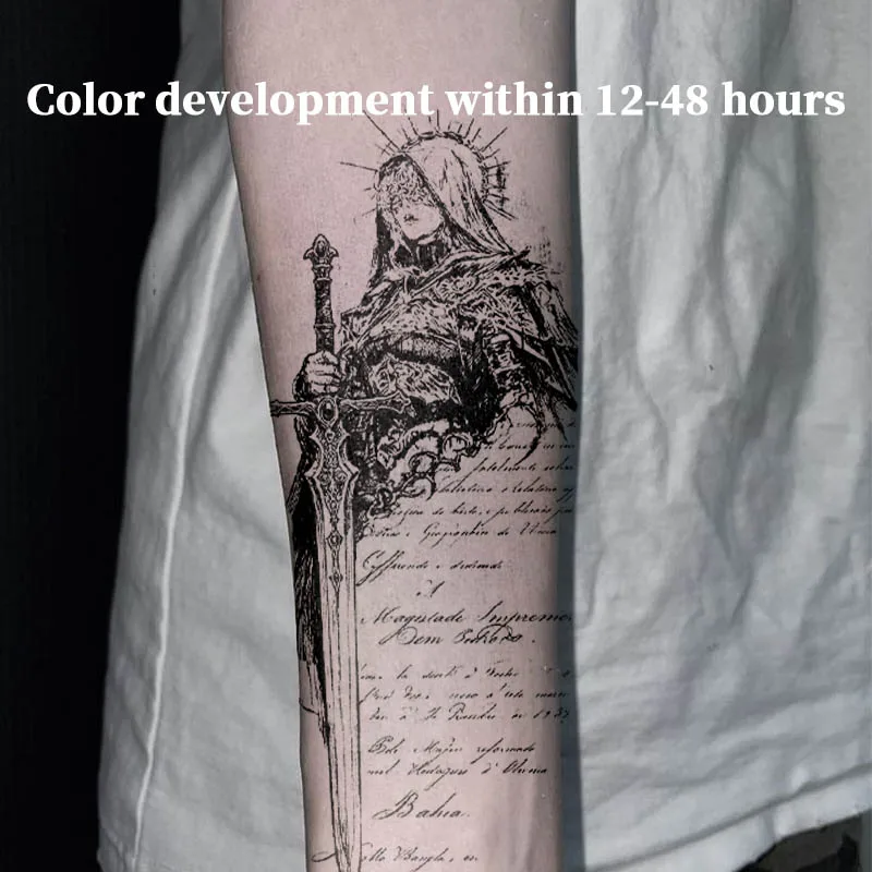 Vintage Script Holy Warrior Knight Sword Herbal Juice Tattoo Sticker Waterproof Fake Tattoo Unisex Forearm Gothic Medieval Body