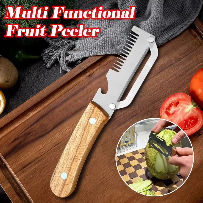 3-in-1 Serrated Peeling Knife, Premium Vegetable Peeler with Bottle Opener, Stainless Steel Kitchen Gadget with Wooden Handle