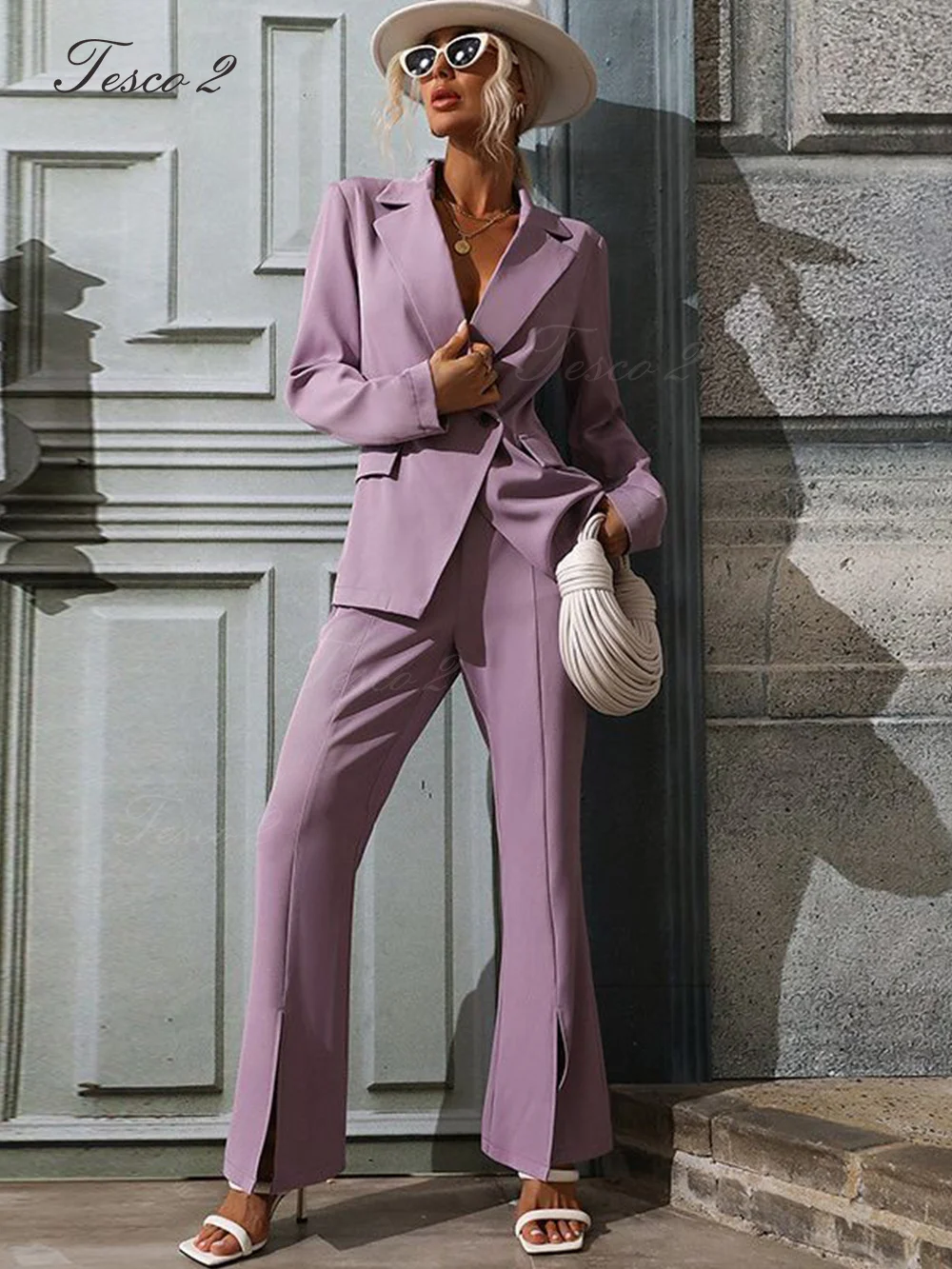 

Tesco 2 Women's Suit Slim Fit Peak Lapel For Formal Occasion Suit Business Office Lady Suit Long Sleeved Split Pants