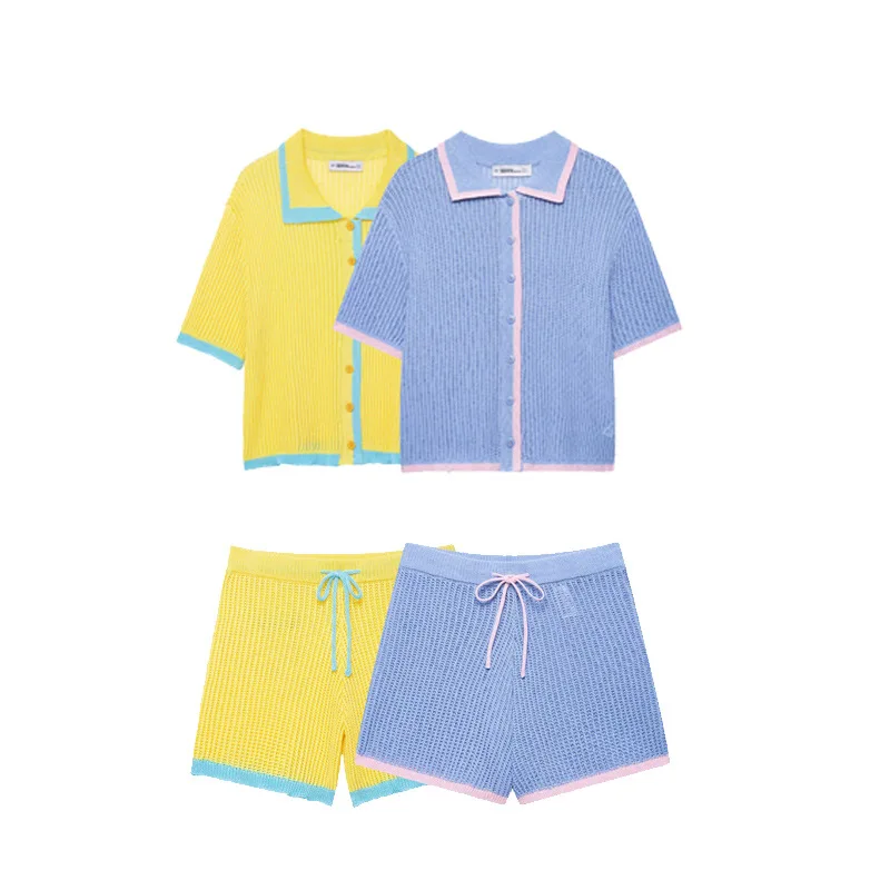 

2025 New Summer Women's Clothing European And American Style Knitted Polo Shirt Casual Jacket Casual Shorts Set