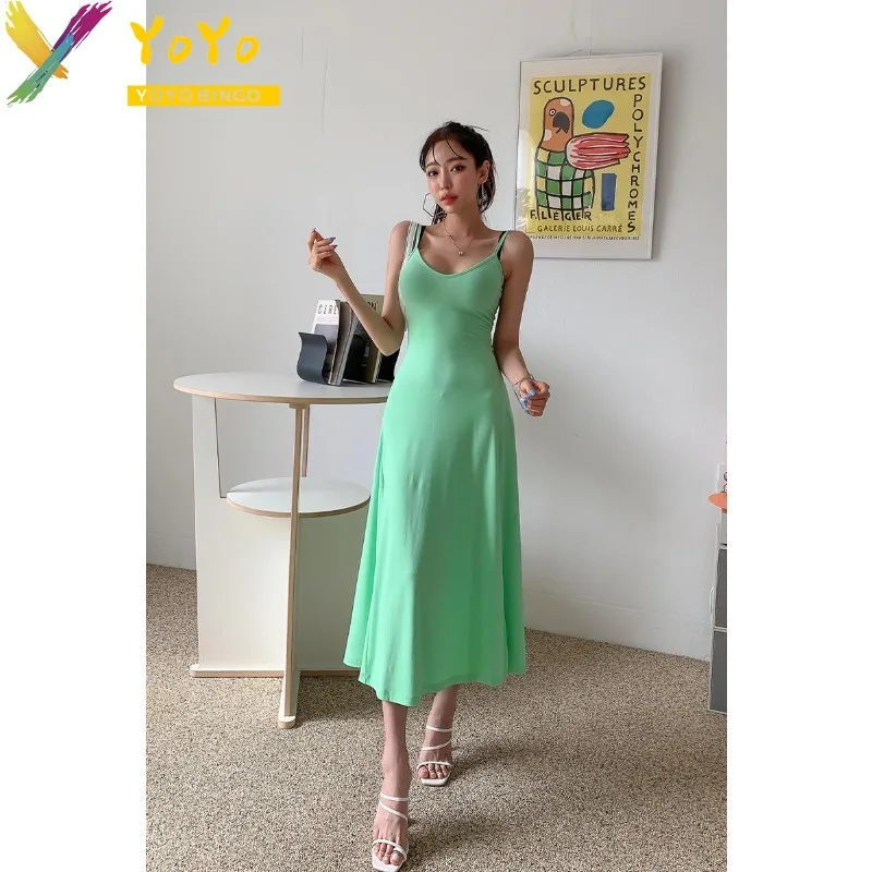 Fashionable and Sexy Green Paghetti StrapV Collar Split A-line Dress 2024 Summer Elegant Slim Bodycon Chic Party Ankle Dress