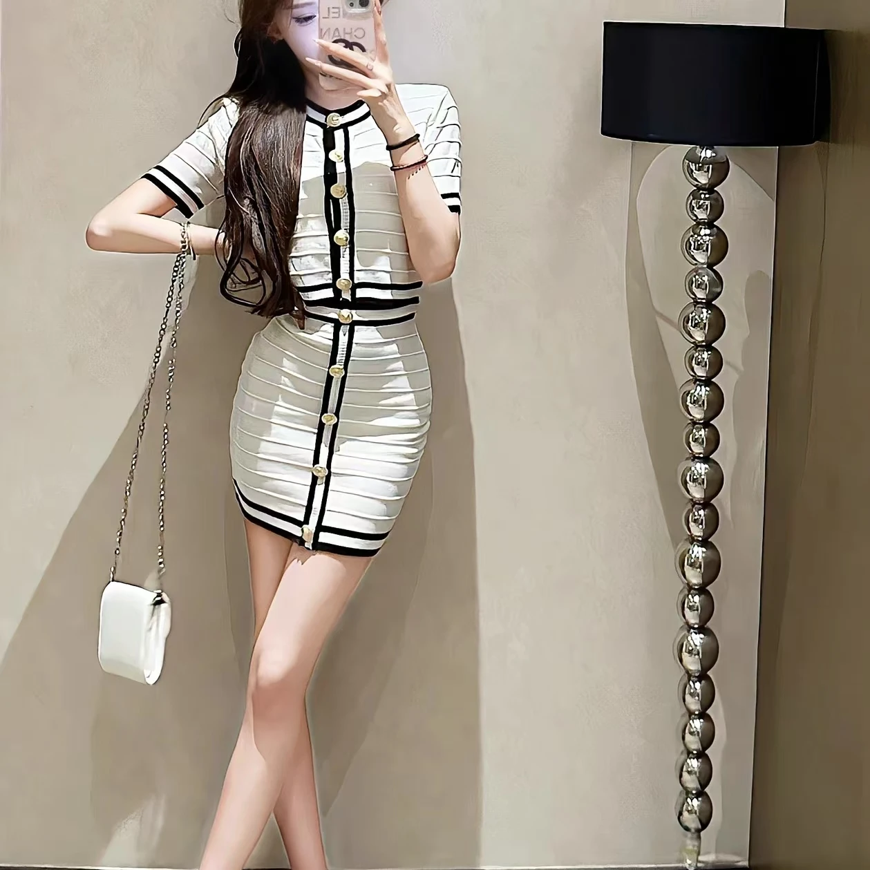 

Summer New Fashionable Commuting Knitted Short Sleeved Round Neck T-Shirt+Knitted Hip Hugging Half Skirt Versatile Short Skirt