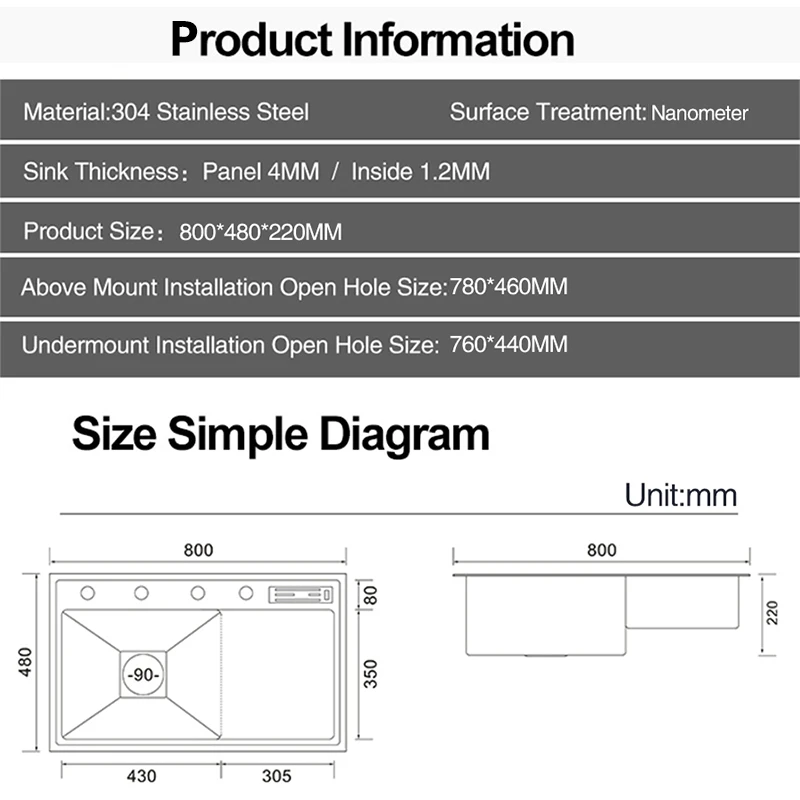 ASRAS Luxury Stepped Nanometer Sink 4mm Thickness 220mm Depth 304 Stainless Steel Handmade Stepped Kitchen Sinks