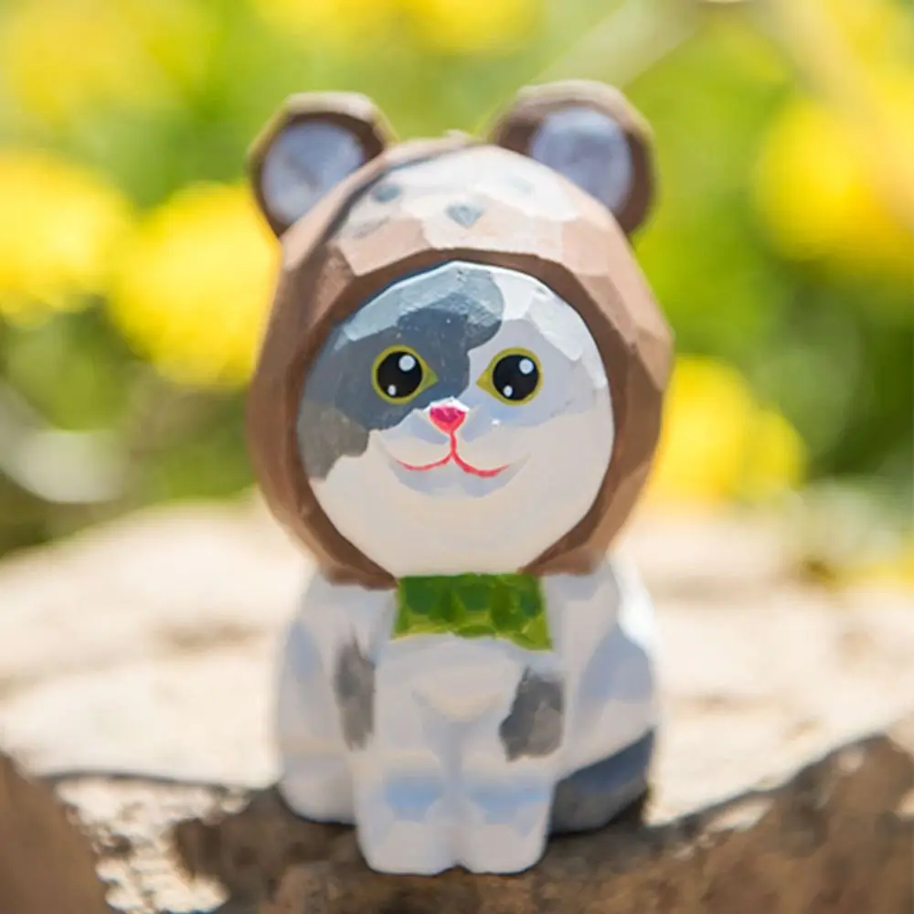 Solid Wood Wood Carving Cat Ornament Handmade Simple Style Painted Cartoon Cat Sculpture Cute Small