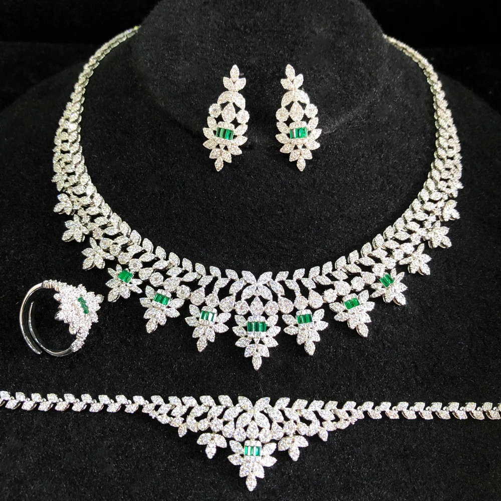 Missvikki Shiny 4pcs Bicolor Green Necklace Bracelet Earrings Ring For Women Party African Dubai CZ Crystal Wedding Jewelry Sets