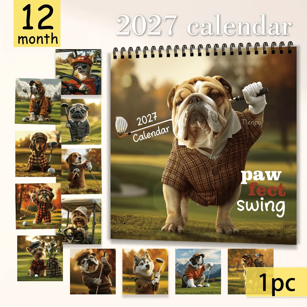 1pc 2027 Golf Dog Wall Calendar,12‑Month Planner,Gift For Back‑to‑School,Christmas,New Year,Free Stickers Included