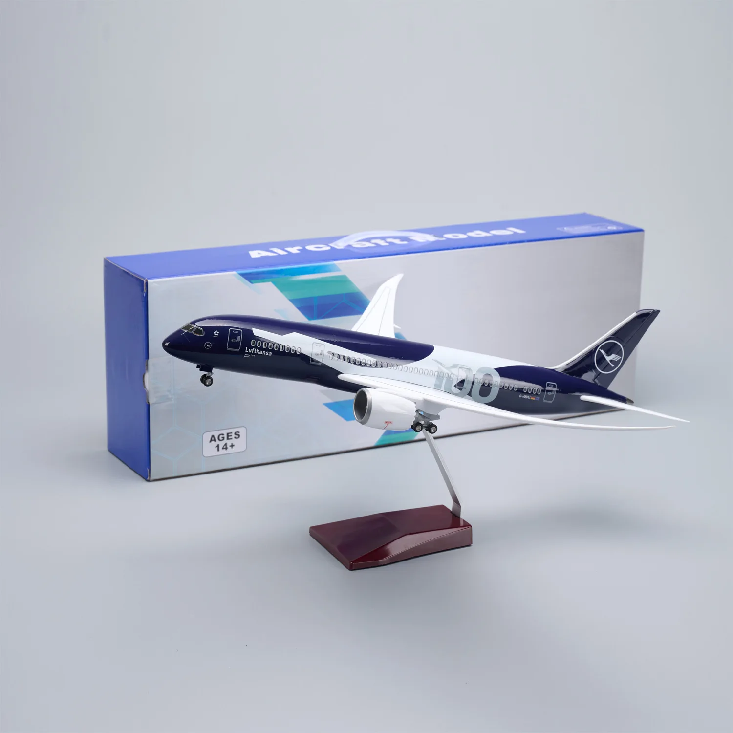 

43CM Plane Model Lufthansa B787 Miniature Airplane 100 Years Collectible Scale Aircraft Resin with Wheels VoiceControl Light