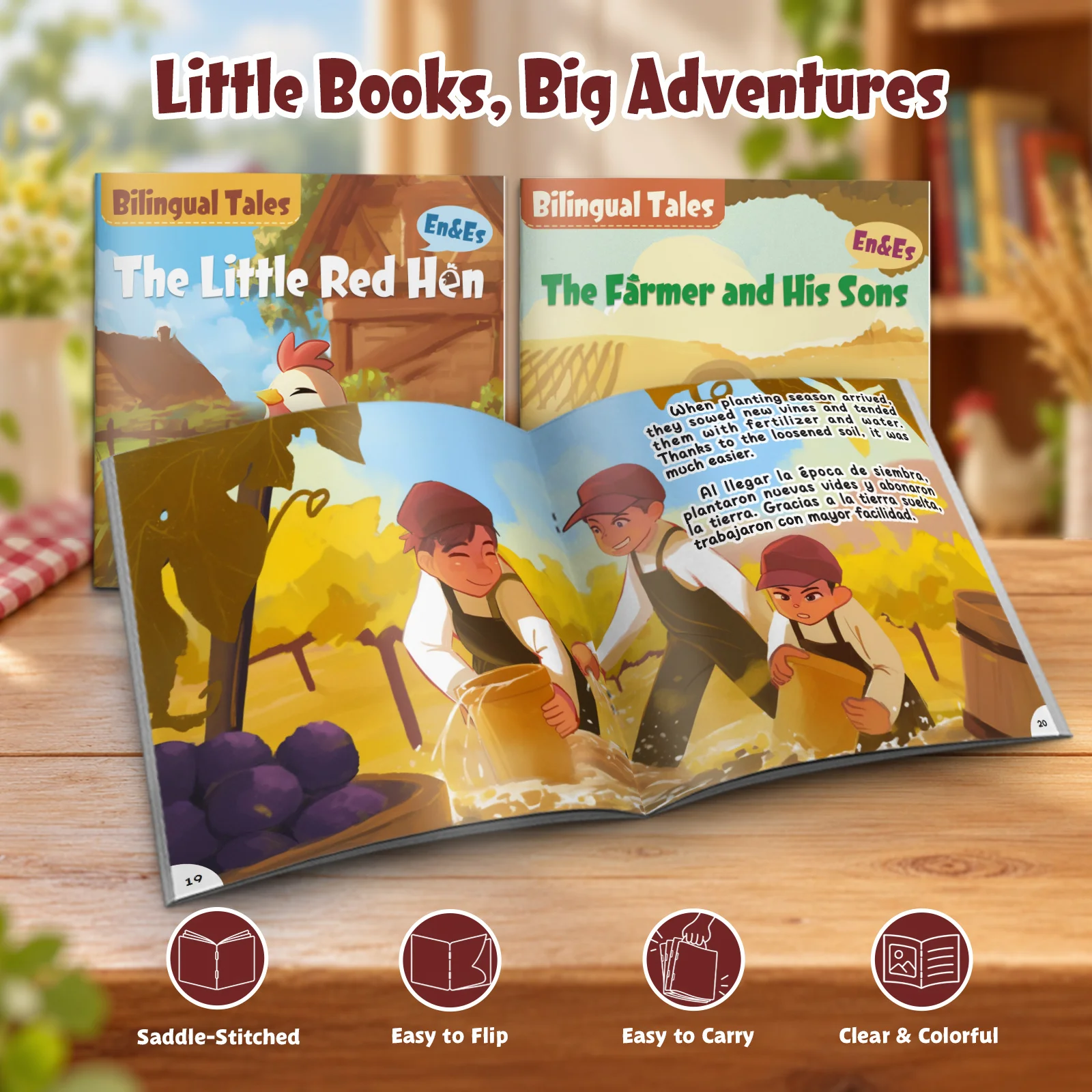 Bilingual Tales Set for Kids, English-Spanish Illustrated Moral Stories with The Little Red Hen and The Farmer and His Sons