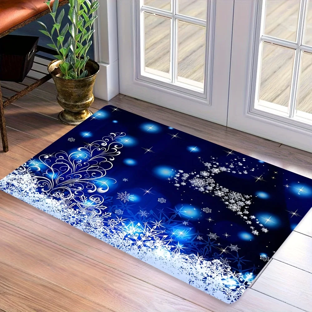 VIKAMA Christmas Rug, Reindeer Snowflake Doormat, Suitable for Living Room and Bedroom, Holiday Decor, Blue Festive Rug