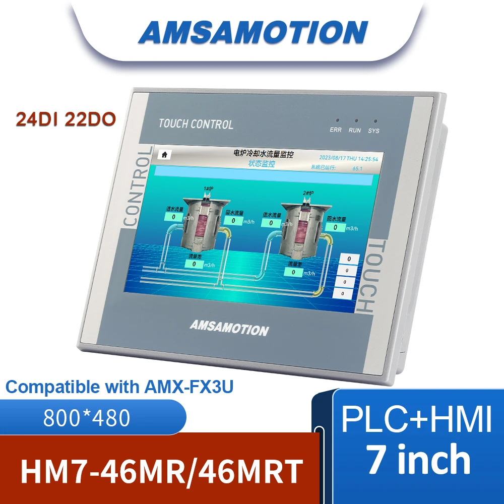 

7” Inch AMSAMOTION HMI PLC All in One Machine Replace AMX-FX3U MT070IE 24I 22O Ethernet Touch Screen For Mitsubishi FX RS485 GX