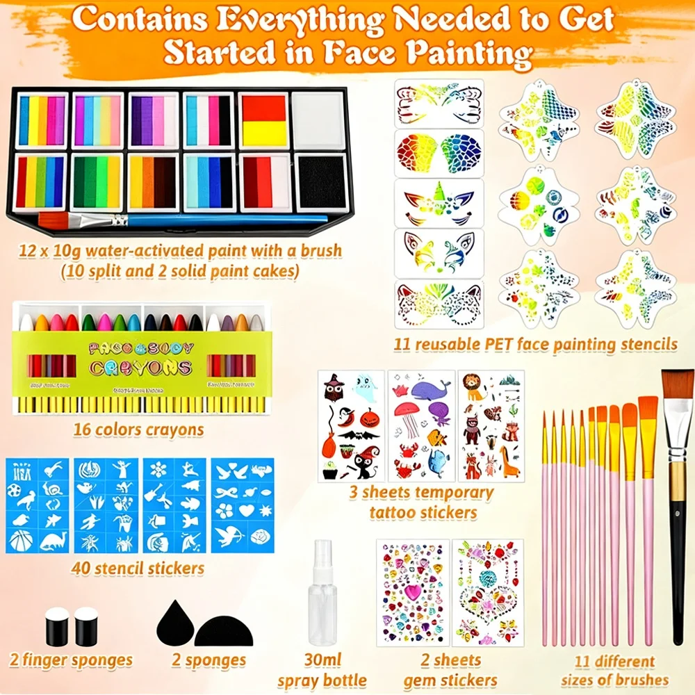 Set di pittura per il corpo umano solubile in acqua da 42 colori, pittura per il viso dei bambini, trucco fai da te per Halloween, Natale