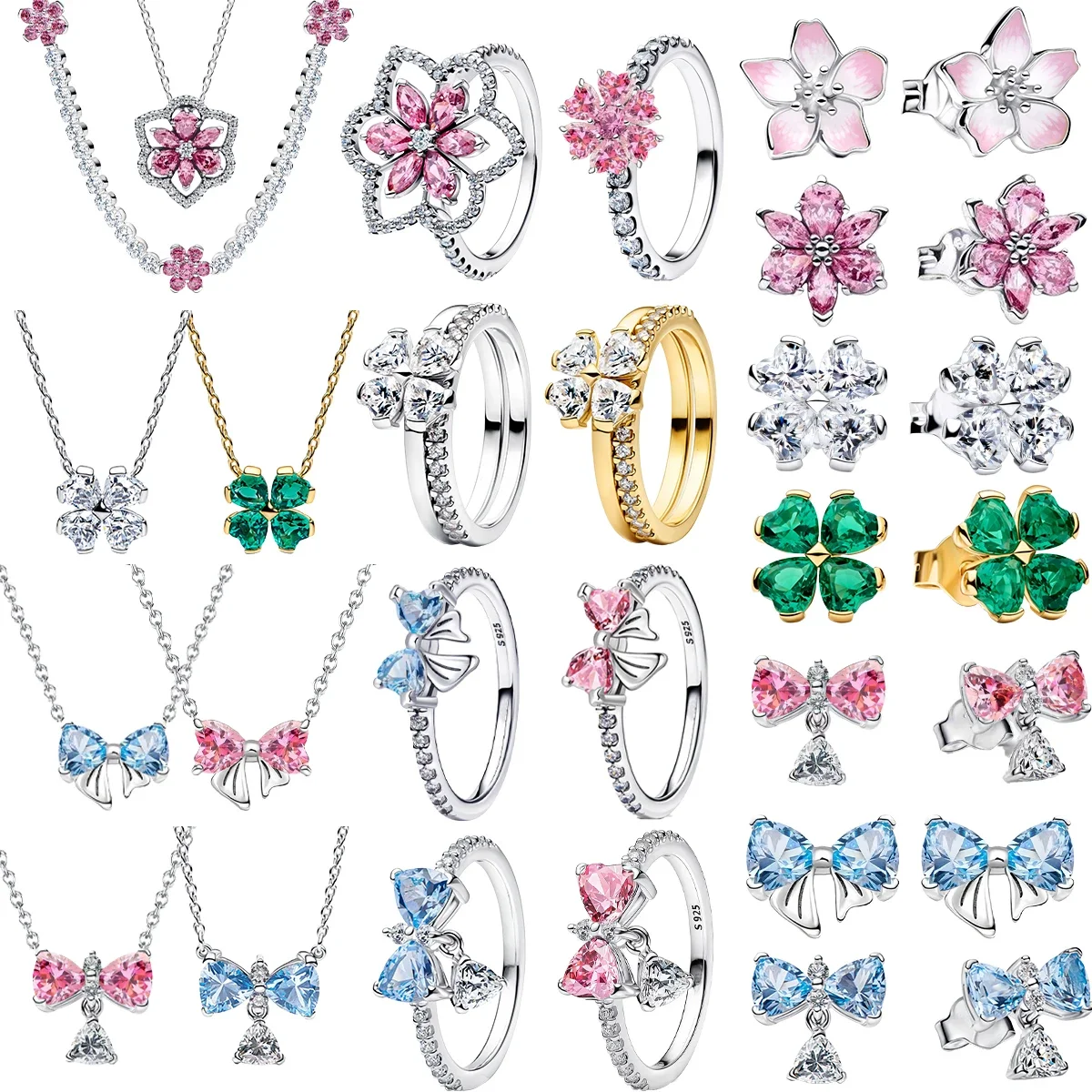 Original 925 Sterling Silver Colorful Bow Flower Set Ear Stud Ring Pendant Bead Fit DIY Women's Bracelets Necklaces Jewelry Gift