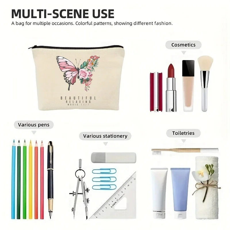 

Двусторонняя холщовая сумка на молнии, 1 шт., унисекс, эстетичная косметичка с принтом бабочки, дорожная сумка для хранения туалетных принадлежностей