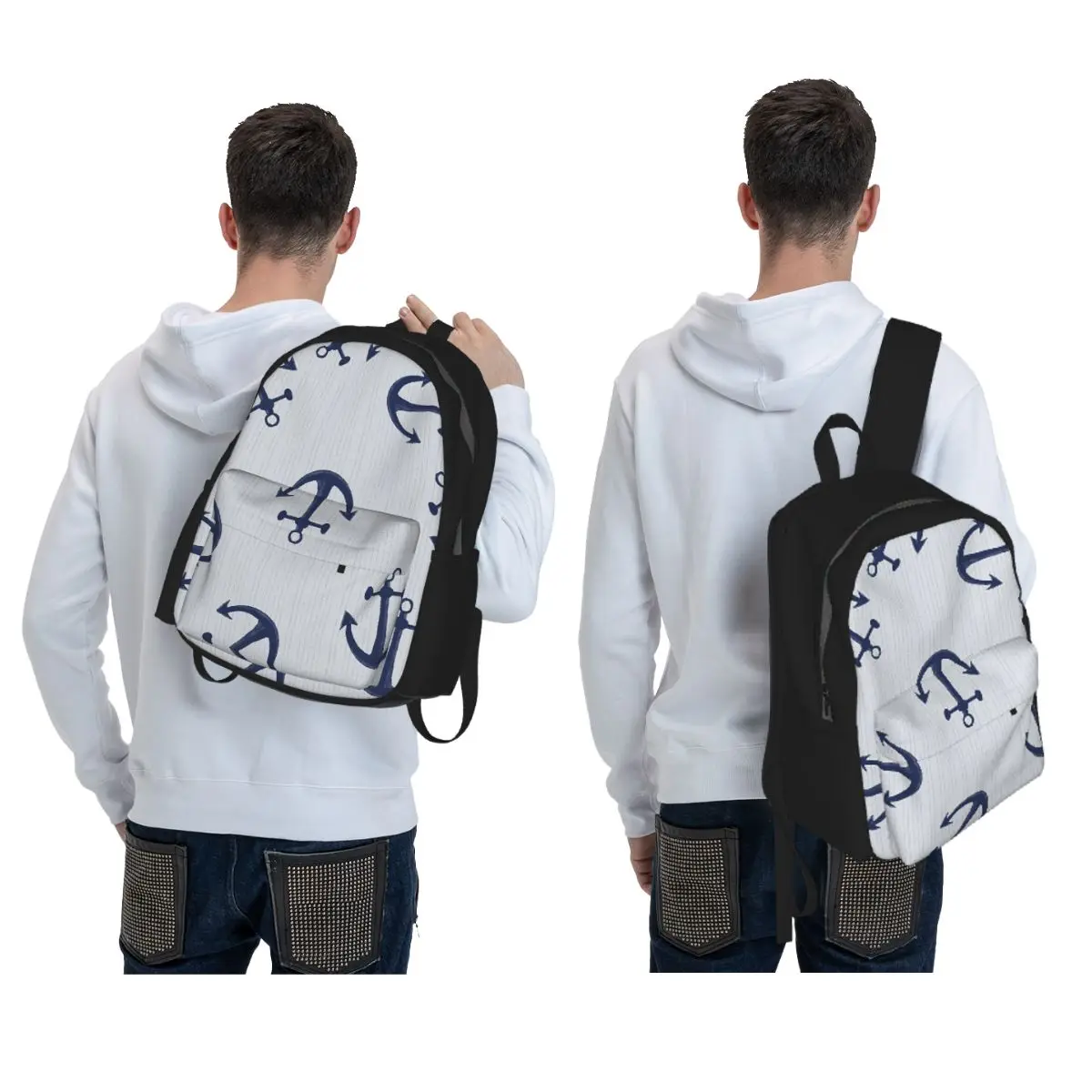 Maritime Pattern Of Blue Anchors On Light Gray Backpack Daypack Large Capacity BookBag School Bag Shoulder Bags for Men Women