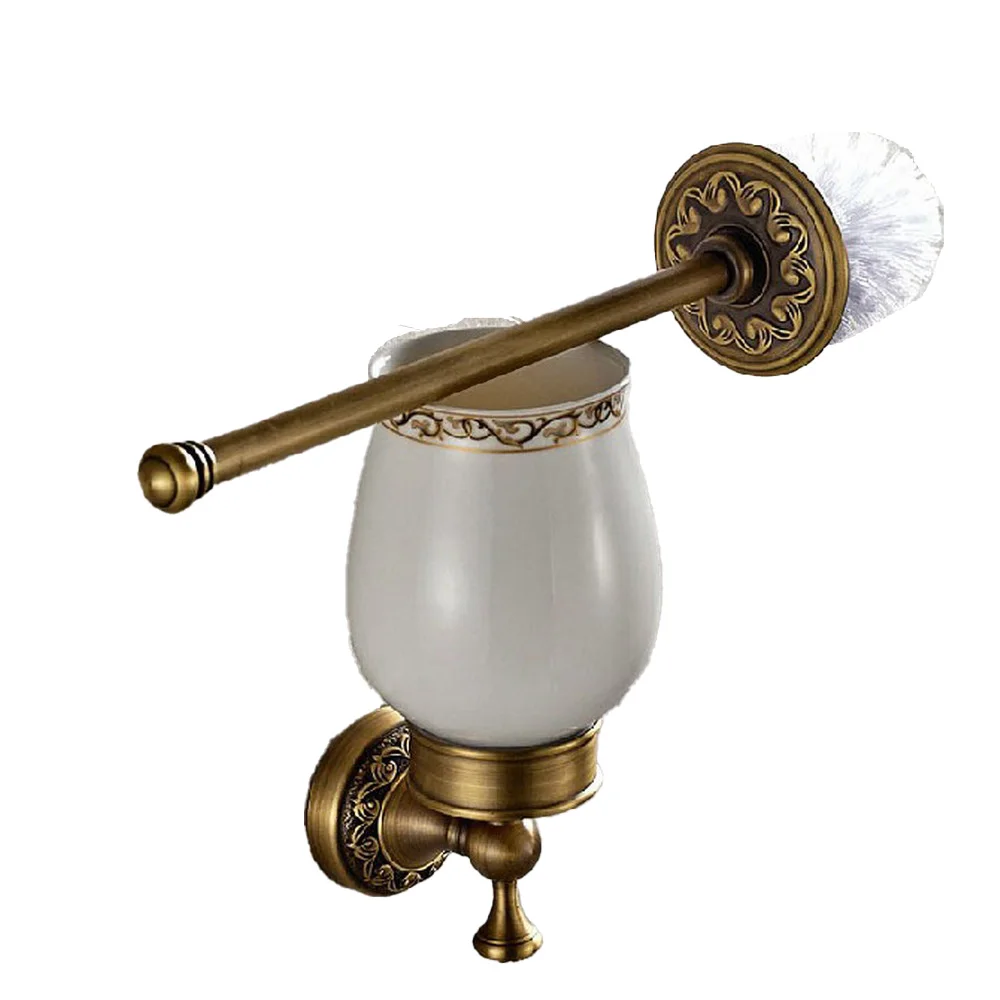 Antique Brass Wall Mounted Toilet Brush & Holder Set White Brush Ceramic Cup Bathroom Accessory aba490