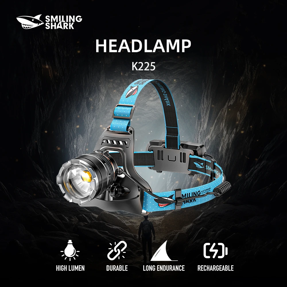 

1 шт., перезаряжаемая налобная фара с улыбающейся акулой K225A-WH-2, USB-кабель в комплекте и регулируемая повязка на голову, легкая фара для улицы,