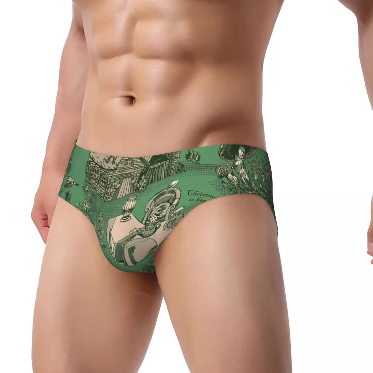 Custom Mens Christmas Cottage In Toile De Jouy Style Men Panties Stretch Briefs Underwear