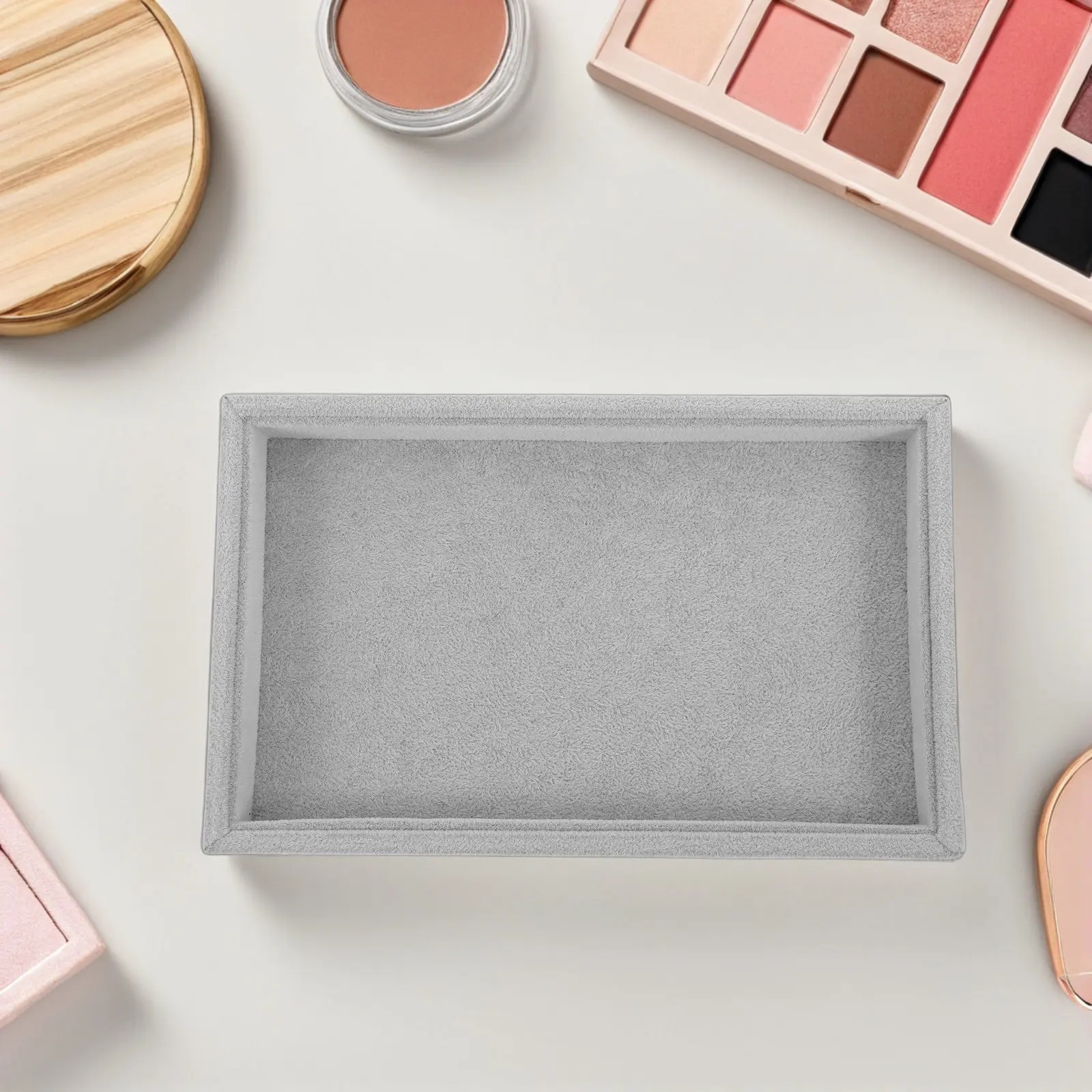 2Pcs Ice Gray Luxe Fabric Jewelry Display Tray Stackable Vanity Organizer for Necklaces Rings Bracelets Earrings Trinkets