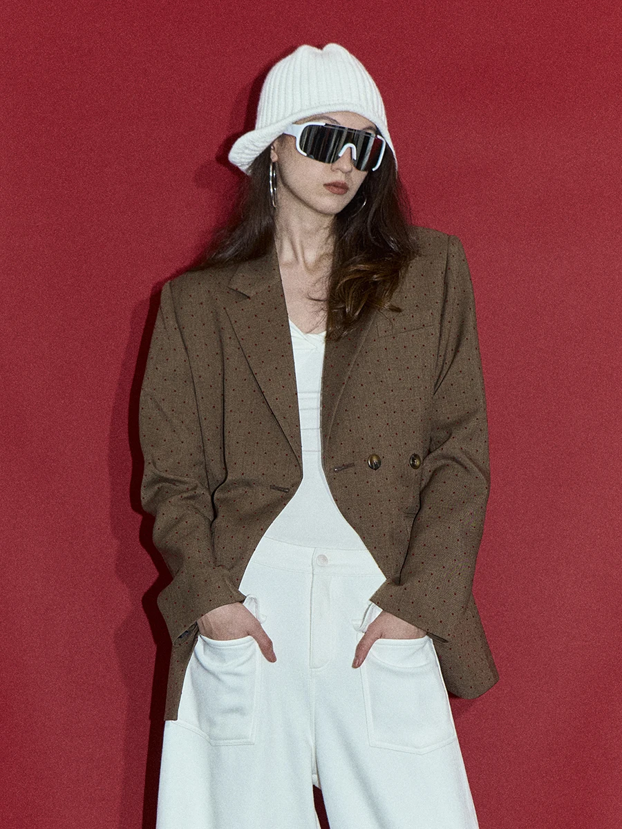 

Ourhour Brown Polka Dot One Button Loose Tailored Women's Suit Winter Design Sensation Outerwear Simple Sle Polyester Fiber