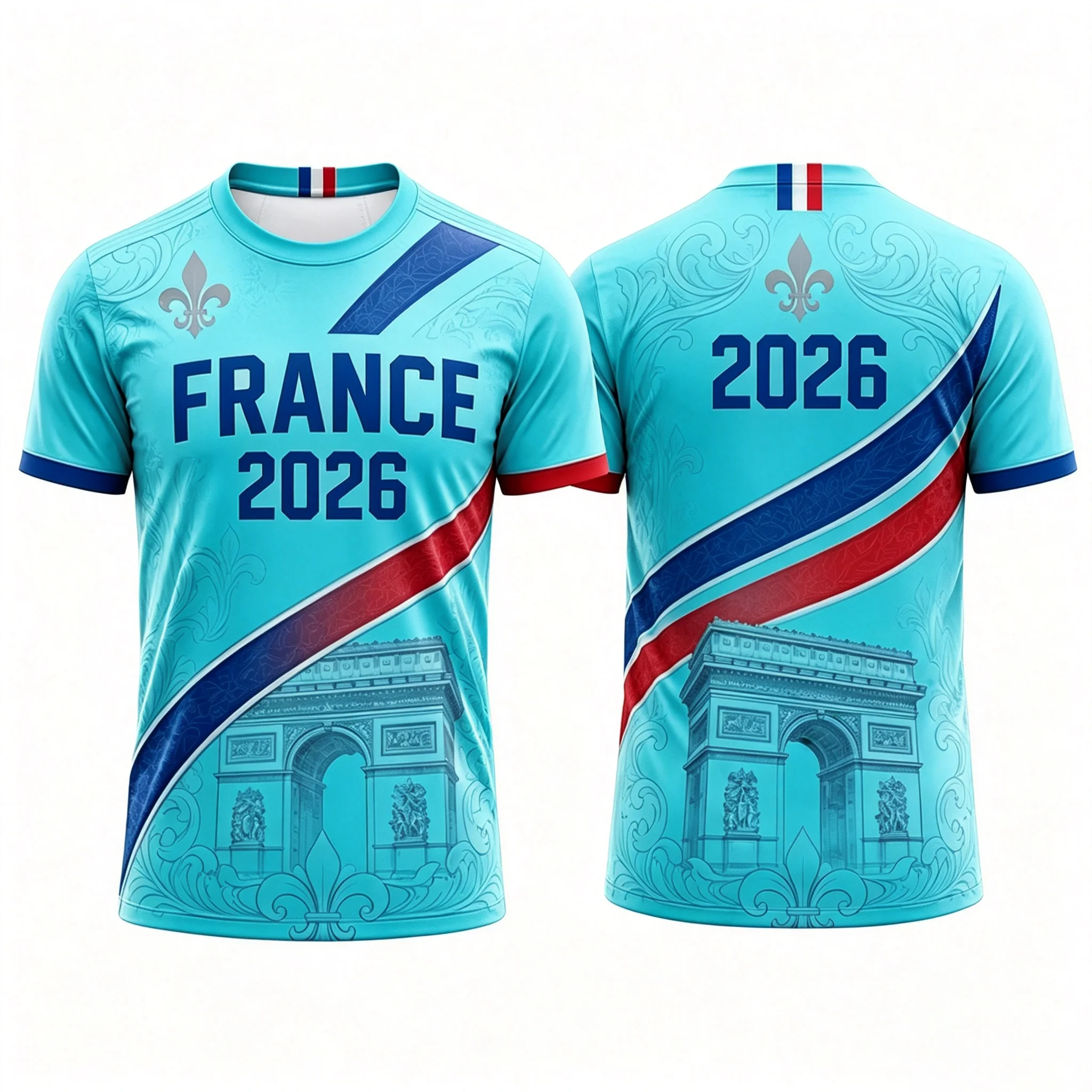 Men's French 2026 football T-shirt with European pattern Arc de Triomphe print, breathable quick drying fan football shirt top