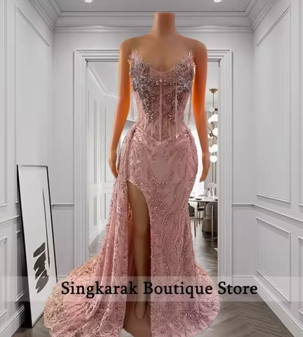 Pink Gems Long Prom Dresses 2026 Blackgirl Aso Ebi Beaded African Evening Gowns Birthday Party Dress Customiz