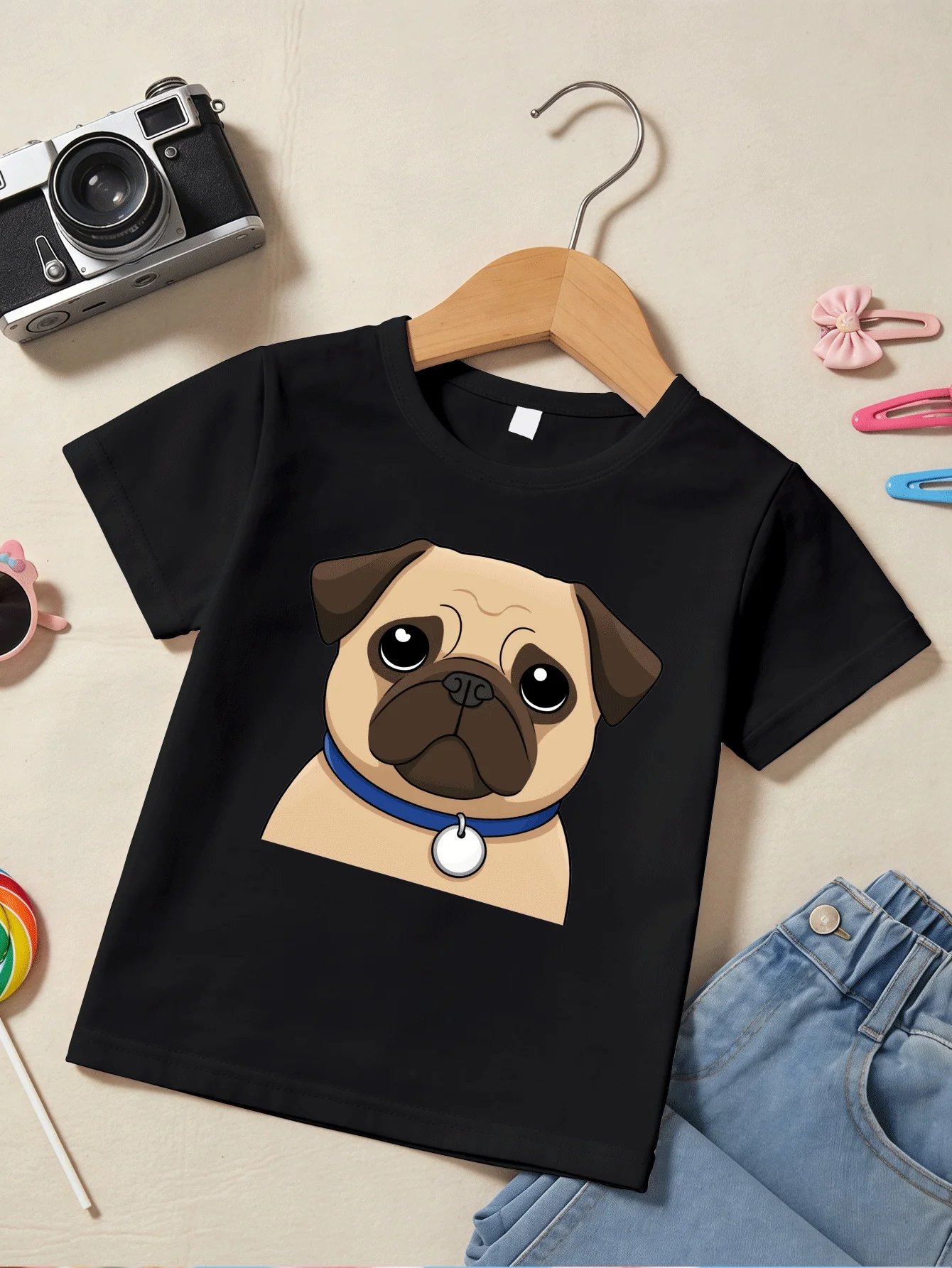 Cute Cartoon Pug Puppy With Blue Collar Print T Shirt Boys Girls Lovely Short Sleeve Tee Family Matching Kids Cotton Tops