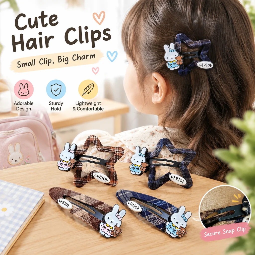 Plaid Fabric Miffy Rabbit Hair Clip Fashion Cute Broken Hair Side Clip Versatile Sweet BB Clip Bangs Clip Hair Comb for Girls
