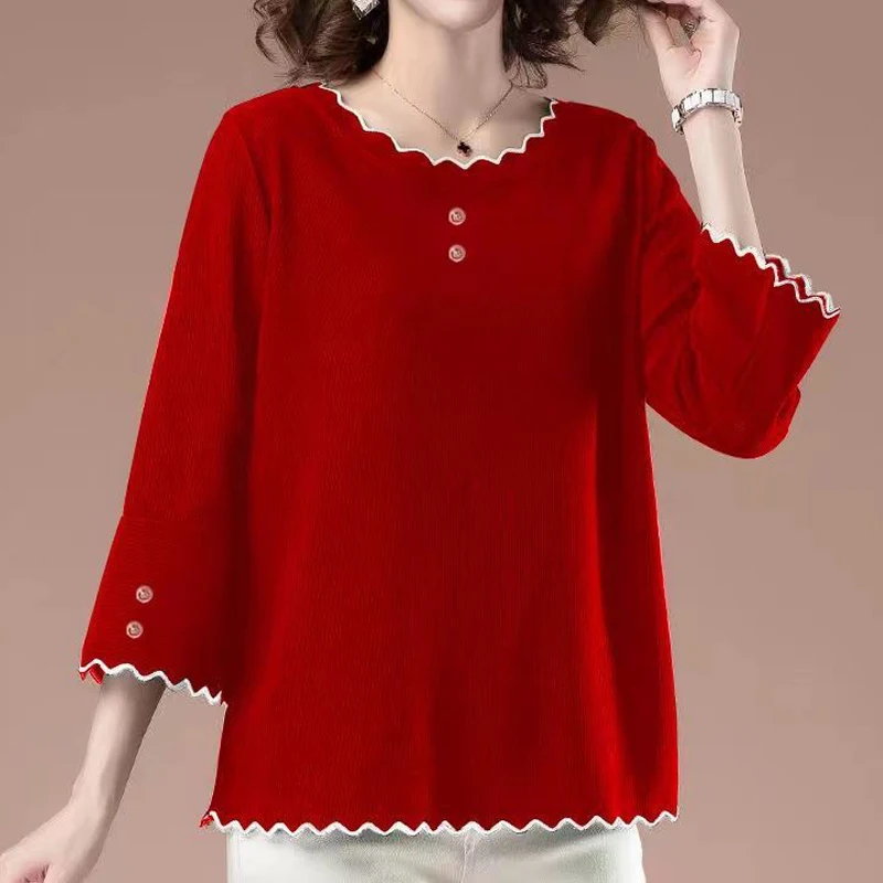 6XL Soft Elegant Women Spring Summer Shirts Lady Fashion Casual 3/4 Sleeve O-Neck Collar Solid Color T-shirt Button Pullover Top