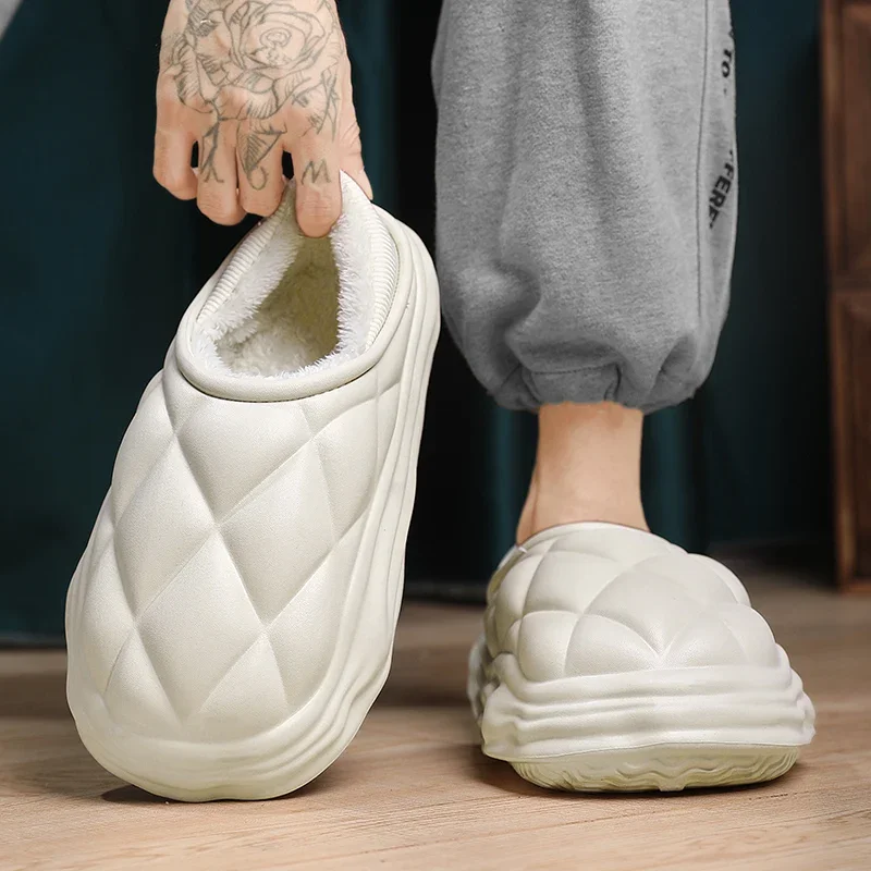 

Winter Indoor Home Couple Slippers Male Women Leather Fur Plush Slipper Warm Soft Non Slip Waterproof Flat Cloud Casual Shoes