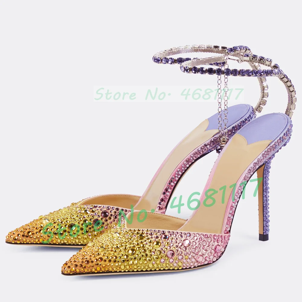 Shiny Gradient Crystal Pointed Toe Satin Sandals Women Luxury Wedding Colored High Heels Bling Ankle Strap Evening Dress Shoes