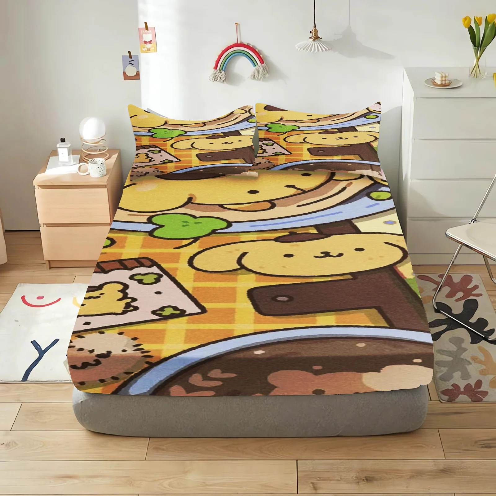 Pom Purin Fitted Sheet Sanrio Children 100% Polyester Coverage Soft Sheets Cartoon Cover Elastic Printing Bedding Teenager