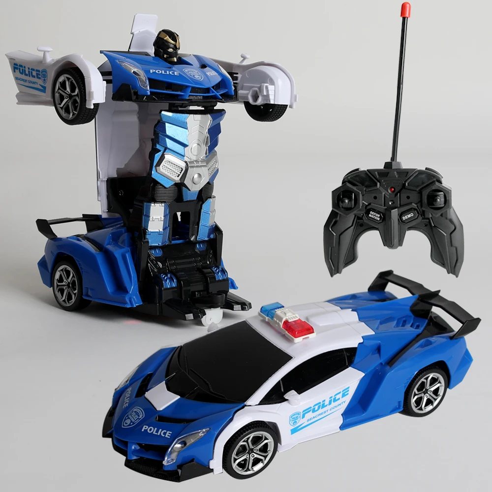 Remote Control Car Transform Car Robot, One Button Deformation to Robot with Flashing Light, 1:18 Scale Transforming Police Car