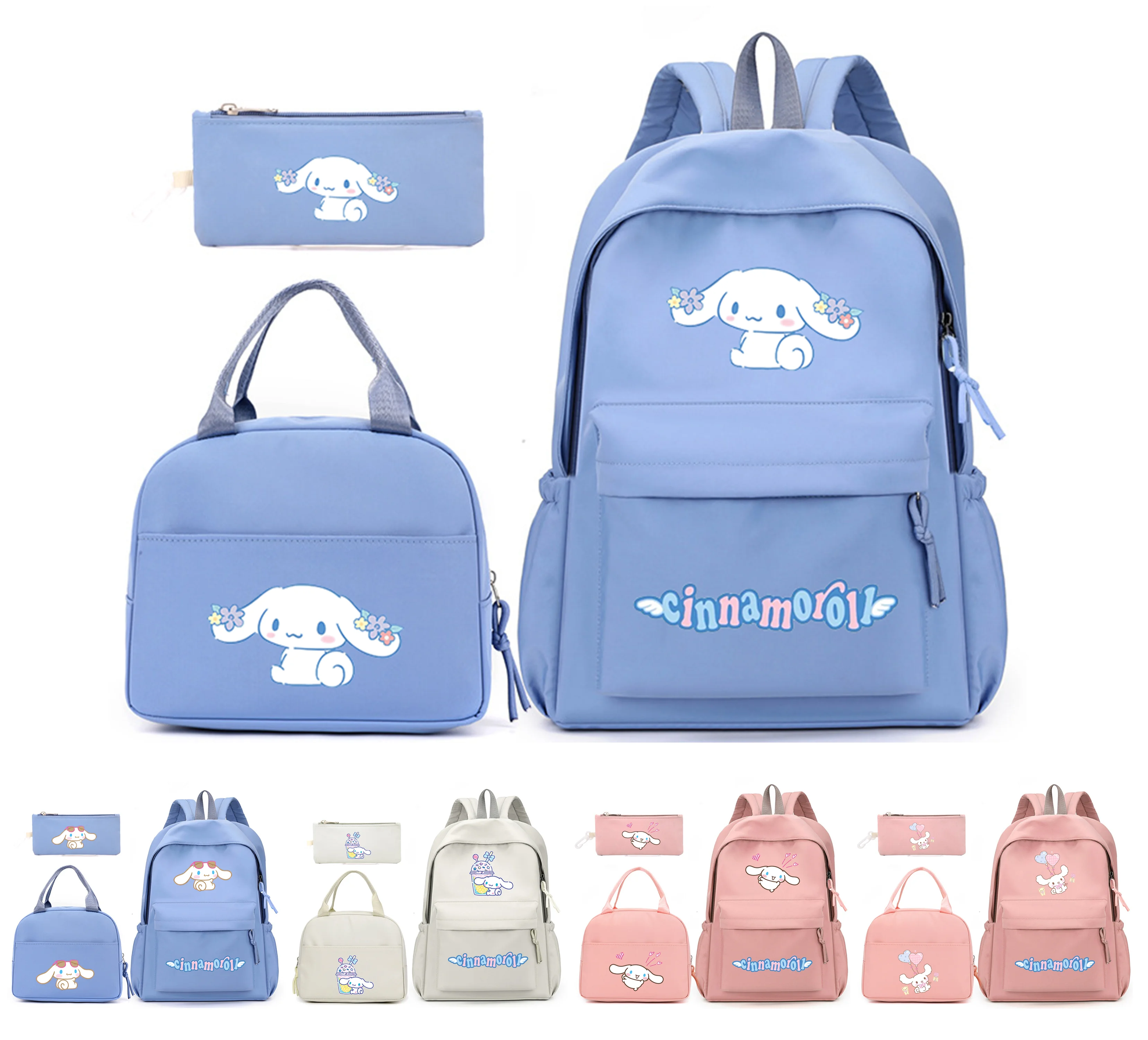 Cinnamoroll Anime Mochila para Estudante Adolescente, Mochila Escolar de Volta à Escola, Lunch Bag, Lápis, Mochila de Lazer para Mulheres, 3Pcs por Conjunto