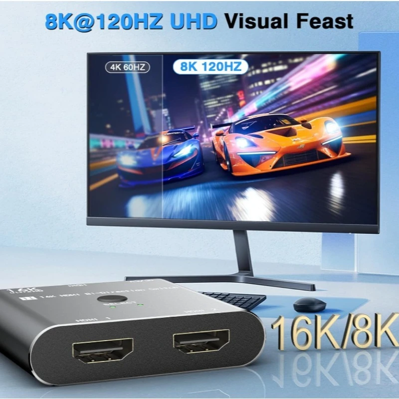 HDMI Switcher 8K Bidirectional 2x1 Switch 2 Input 1 Output for PC Monitor 8K@240Hz HD Video Converter